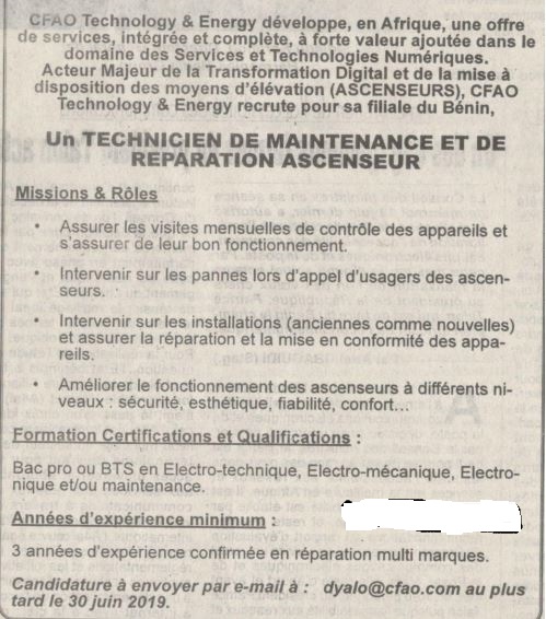 (01) Technicien de maintenance et de réparation ascenseur